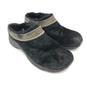 Merrell Air Cushion Black Suede Faux Fur Slip-On Clogs Women’s